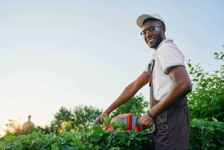 A gardener trimming a hedge with powered shears