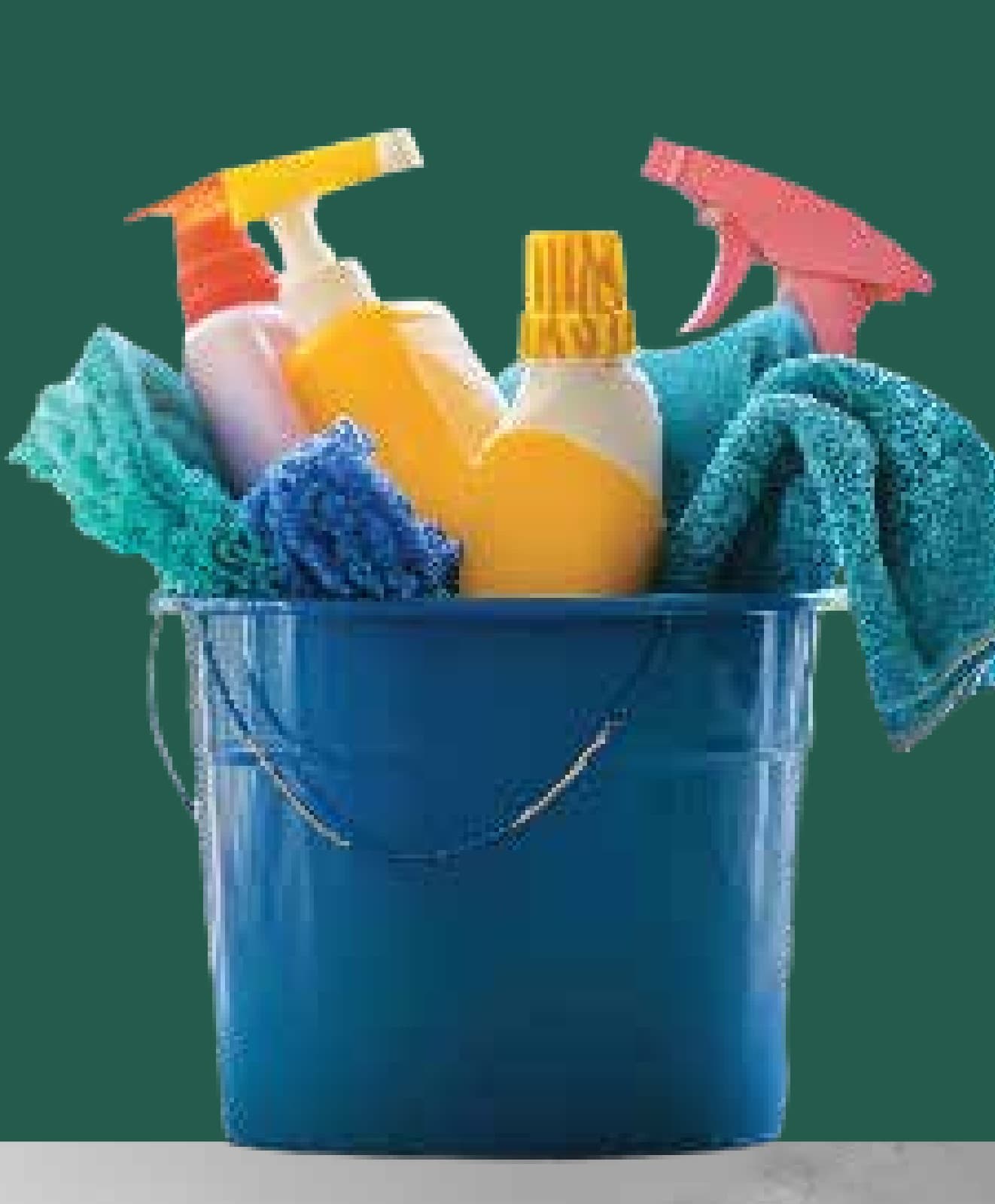 A bucket of professional cleaning supplies and microfibre cloths