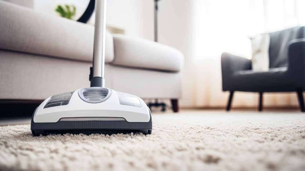 Vacuuming a carpet in a residential living room